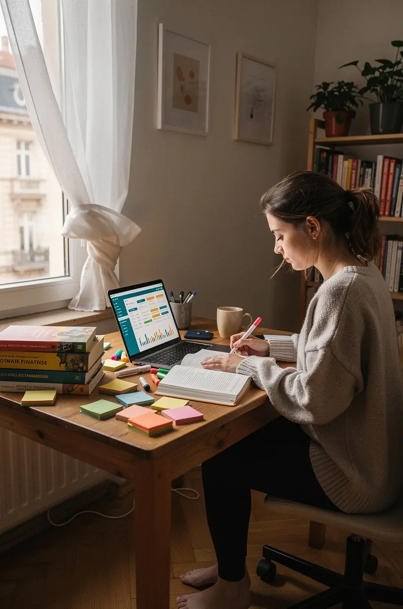 Pénzügyi alapokat bemutató könyvsorozat egy asztalon, amely kezdőknek szól.